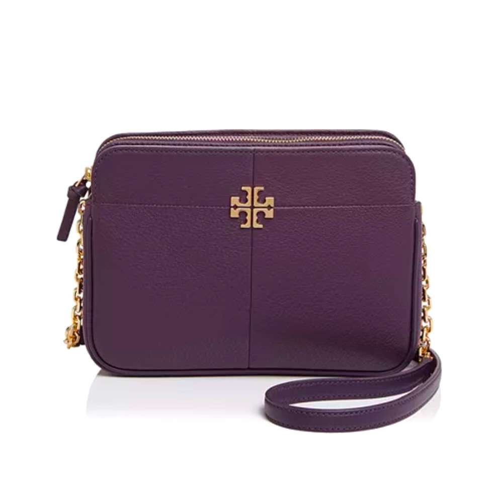 Tory Burch Plum Leather Double-Zip Crossbody with Gold Logo